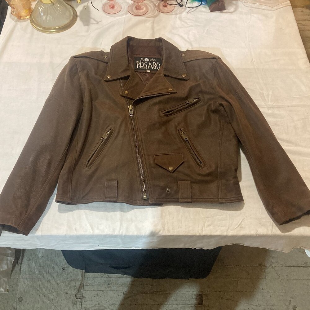 Vtg Attitude Pegabo  brown nubuck leather biker motorcycle mens jacket sz Large